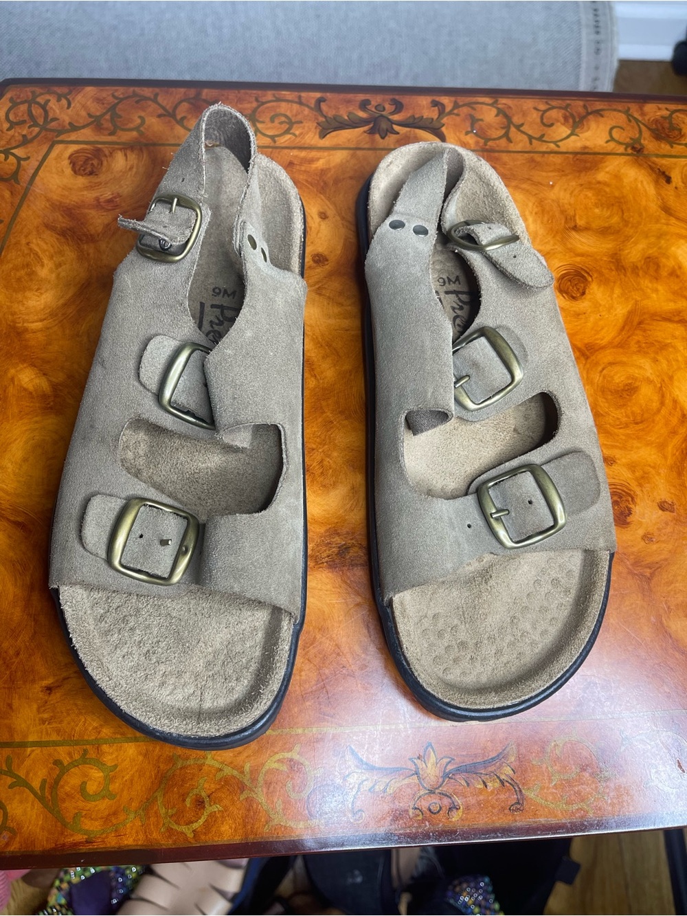 Premier Taupe Suede Double-Buckle Slide Sandals